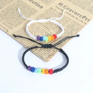 Handmade rainbow knot braided adjustable bracelets in stylish black and white string