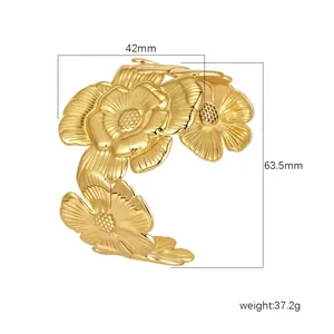 Large floral gold cuff bracelet dimensions: 42mm wide, 63.5mm diameter