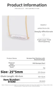 Close-up of a linear Baroque pearl necklace pendant with a S925 silver gold-plated chain