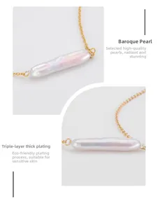 Detailed macro view of a natural bar-shaped Baroque pearl on a gold necklace chain