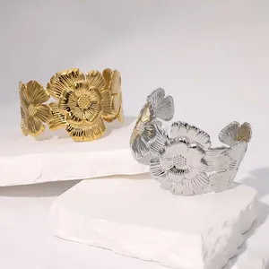 Vintage floral open cuff bracelets in stainless steel gold and silver finishes