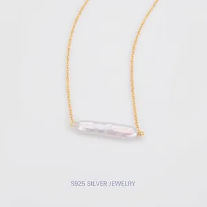 925 Sterling Silver Baroque Artificial Pearl Pendant Necklace Gold Plated Minimalist Niche Design Luxury Clavicle Chain Jewelry Set For Women Party