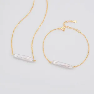 Elegant 925 sterling silver jewelry set featuring bar-shaped Baroque pearl pendants