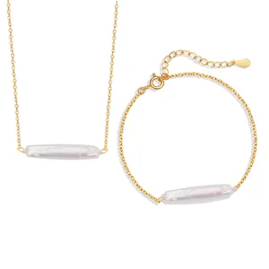 S925 sterling silver jewelry set with baroque pearl bar pendant necklace and bracelet