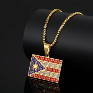 Macro detail of Puerto Rico flag pendant necklace featuring vibrant red and blue crystals