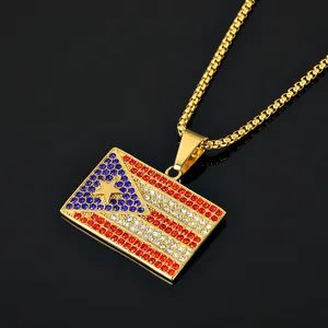 Close-up of hip hop Puerto Rico flag pendant necklace with red white blue crystals