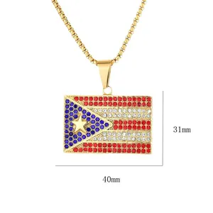 Detailed view of hip hop Puerto Rico flag pendant necklace with 40mm x 31mm dimensions.
