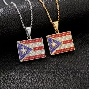 Hip Hop Street Style Stainless Steel Puerto Rico Cuba Flag Pendant Necklace Iced Out Rhinestone Pave Rectangle Flag Necklace Jewelry For Men Women