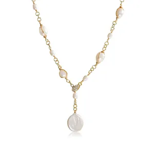 Elegant Baroque irregular pearl necklace with gold chain and drop pearl pendant for women
