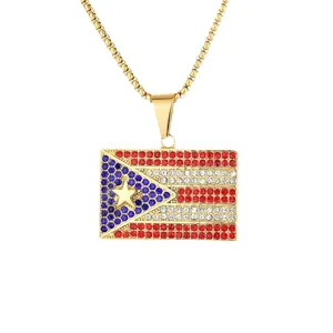 High-quality hip hop style Puerto Rico flag pendant necklace with shiny rhinestones