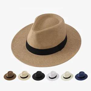 Classic straw fedora hat with black ribbon band shown in multiple color variants