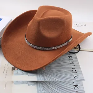 Fashionable brown felt western cowboy hat with a sparkling rhinestone trim detail