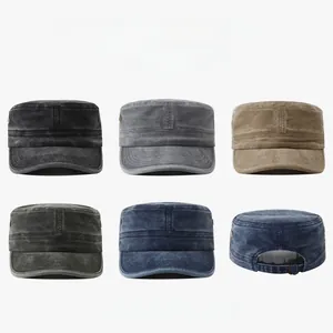 Vintage washed cotton flat top military caps in multiple colors for outdoor activities
