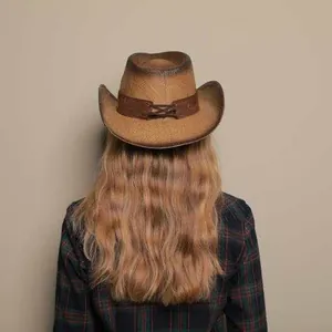 Detailed back view of a breathable straw cowboy hat featuring a stylish lace-up band.