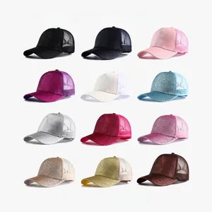 Variety of glitter mesh baseball caps in 12 colors for outdoor sun protection.