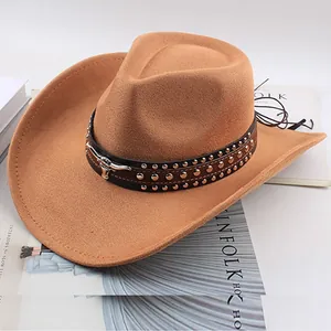 Classic brown felt western cowboy hat with studded leather band and bull head ornament