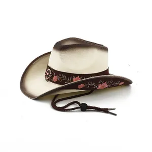 Close-up detail of a breathable summer straw cowboy hat with pink floral embroidery.