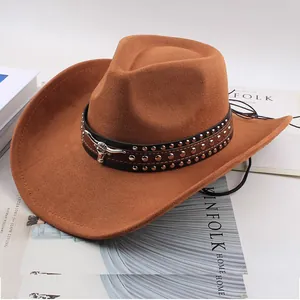 Classic brown western cowboy hat with studded leather band and metal bull head
