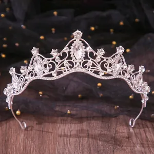Detailed view of an elegant silver bridal tiara featuring sparkling marquise rhinestones