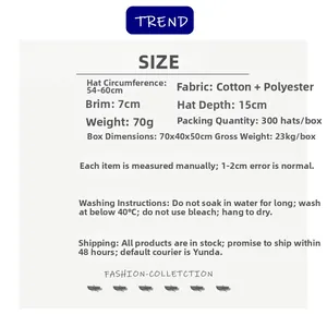 Size chart and washing guide for breathable ponytail baseball sun protection cap