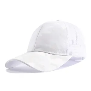 Detail of white camouflage pattern and breathable mesh on quick-dry baseball cap