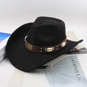 Classic black western cowboy hat with roll brim and bull head logo on the band detail