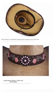 Close-up of breathable straw cowboy hat featuring pink embroidery and a wind rope