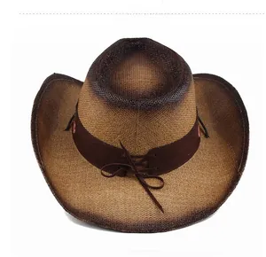 Detailed back view of a summer breathable straw cowboy hat with a brown lace-up band