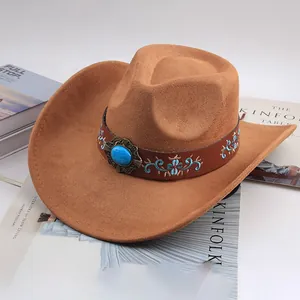 Close-up of a tan suede Western cowboy hat featuring a turquoise stone and floral band