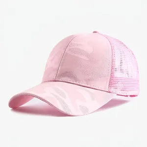 Close-up view of pink camouflage mesh baseball cap with breathable sun protection.