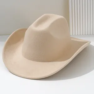 Detailed side view of a beige felt cowboy hat with minimalist textured background