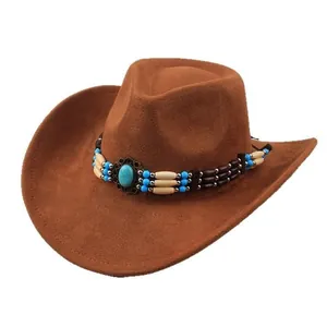 Detailed view of brown western cowboy hat with turquoise and bone bead band decoration.
