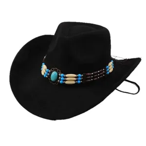Detail of a classic black western cowboy hat with ethnic turquoise bead band decoration