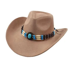 Detailed view of khaki felt western cowboy hat with colorful turquoise beaded band