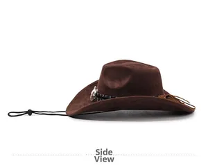 Side view of a classic brown suede western cowboy hat with unique bull head emblem.