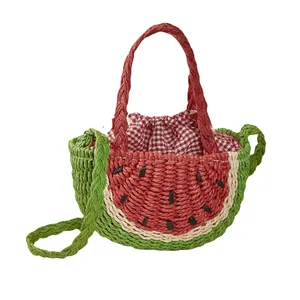Borsa in paglia fatta a mano a forma di anguria per bambini con tracolla per la spiaggia