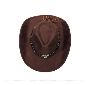 Detailed top view of a brown western cowboy hat with a silver bull head emblem