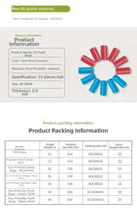 Detailed specification sheet for disposable pet waste bags showing size and material