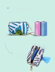 Zebra pattern dog poop bag dispenser with metal hook and zipper closure