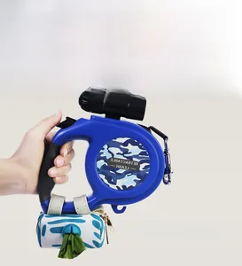Professional retractable dog leash featuring a built-in LED light and waste bag holder
