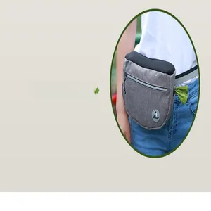 Close-up detail of a gray dog walking fanny pack with integrated poop bag dispenser hole