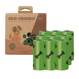 Detail view of biodegradable EPI dog poop bags and eco-friendly kraft packaging box