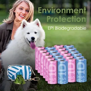 Biodegradable EPI pet waste bags with portable dispenser shown in a park setting