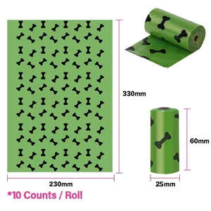 Bolsas para excrementos de perro verdes biodegradables con huesos, 10 por rollo