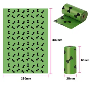 Bolsas biodegradables EPI para excrementos de perro verdes con patrón de huesos y dimensiones