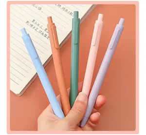 Detailed close-up of Morandi color retractable gel pens held in hand over a notebook
