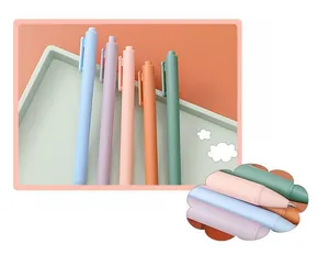 Set of five macaron colored 0.5mm retractable gel pens with detail view of tips