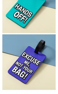 Close-up of PVC luggage tags with funny slogans like Hands Off in teal and purple.