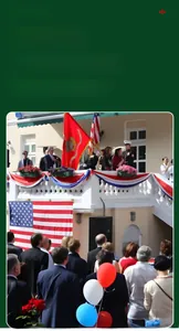 Outdoor American Independence Day flag banners and porch decorations for celebration