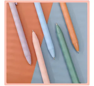 Macro view of matte Morandi colored retractable gel pens showing multiple colors